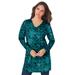 Plus Size Women's Long-Sleeve V-Neck Ultimate Tunic by Roaman's in Teal Tile Print (Size S) Long Shirt