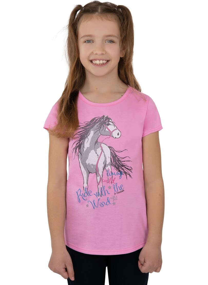 T-Shirt TRIGEMA "TRIGEMA T-Shirt mit Pferd", Kinder, Gr. 152, pink (candy), 100% Baumwolle, Shirts Image