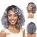 DOPI Bob Wig with Bangs Natural Ombre Silver Wig Synthetic Hair Shoulder Length Short Curly Wigs for Women