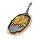 Kuchenprofi BBQ Serving Pan Cast Iron on Wooden Board, Oval, 30 x 19 x 2.5 cm, with Removable Handle and Pourer, Cast Iron Grill Pan for Vegetables, Fish and Meat for Any Grill (0305151026)