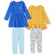 Amazon Essentials Mädchen Langärmliges Outfit-Set, 4er-Pack, Blau/Gelb Streifen/Himmelblau/Weiß Floral, 3 Jahre