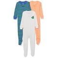 Amazon Essentials Unisex Baby Eng anliegender Schlafanzug aus Baumwolle mit Fuß, 3er-Pack, Blau Grün Streifen/Creme Eichhörnchen/Orange Punkte, 3-6 Monate