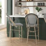 Merrick Lane Set of Two Stacking French Bistro Style Counter Stools with Black and White Textilene Seats and Light Bamboo Metal Frames for Indoor/Outdoor Use