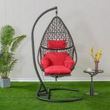 Hanging Swing Chair Wicker Rattan Basket Hanging Chair with Arc Stand Set Indoor & Outdoor Freestanding Moon Hammock Chair w/Cushion Hanging Chaise Lounger Chair for Patio Porch Balcony-Red