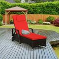 Coelon Patio Wicker Chaise Lounge with Armrests Outdoor PE Rattan Lounge Chair on Wheels with Adjustable Backrest Red