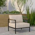 Emma + Oliver Black Aluminum Frame Patio Chair with Teak Arm Accents and Beige Cushions