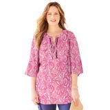 Plus Size Women's Liz&Me® Lace-Up Bell Sleeve Peasant Blouse by Liz&Me in Pink Burst Paisley (Size 3X)