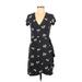 Ann Taylor LOFT Casual Dress - Wrap Plunge Short sleeves: Gray Floral Dresses - Women's Size 0 Petite