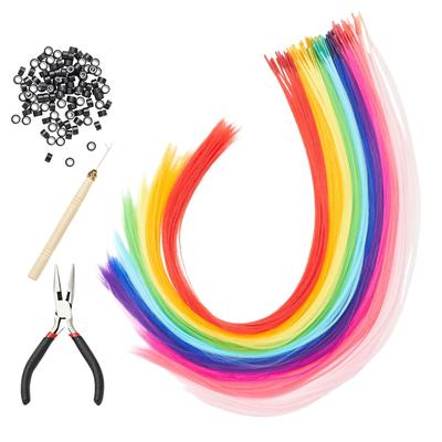 Rainbow Hair Extensions Kit, 100 Synthetic Strands in 10 Colors, Tools, Microbeads (20 Inches)