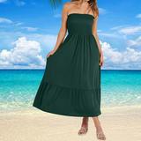 SDNall Formal Dresses for Women Summer Strapless Smocked A-Line Flare Boho Beach Dress Party Maxi with Pockets Dress Prom Dress