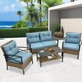 enyopro 4-Piece Outdoor Sectional Sofa Set PE Rattan Conversation Set with Arm Chairs Tea Table and Cushions All-Weather Cushioned Sofa Furniture Set for Backyard Patio Porch Garden Poolside K3032