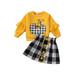 wybzd Kid Girl Halloween Clothes Set 2Pcs Pumpkin Flower Print Long Sleeve Pullover Sweatshirt Plaid A-Line Skirt 2-3 Years