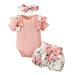 Girls Ruffles Short Sleeve Ribbed Romper Bodysuits Bowknot Floral Printed Shorts Headbands Outfits Outfit Girl