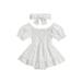 Qtinghua Newborn Baby Girls Romper Dress Puff Sleeve Ruffled Smocked Dresses Summer Outfit with Headband White 3-6 Months