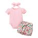 Kucnuzki 12 Months Baby Girl Summer Outfits Shorts Sets 18 Months Short Sleeve Solid Color Rib Kintted Rompers Tops Watercolor Styling Floral Prints Shorts Headband 3PCS Set Pink