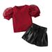 YDOJG Cute Baby Girls Outfits Clothes Set Summer Puff Sleeve Tops Pu Leather Shorts 2Pcs Suit Children Clothing Kids Outfits For 18-24 Months