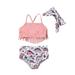 TOPGOD Newborn Baby Girls 3 Pieces Swimsuit Solid Color Tassel Tops Cartoon Dinosaur Print Shorts Bow Headband Beachwear Outfits Set