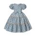 Girls Midi Dress Short Sleeve Casual Dress Butterfly Print Light Blue 150