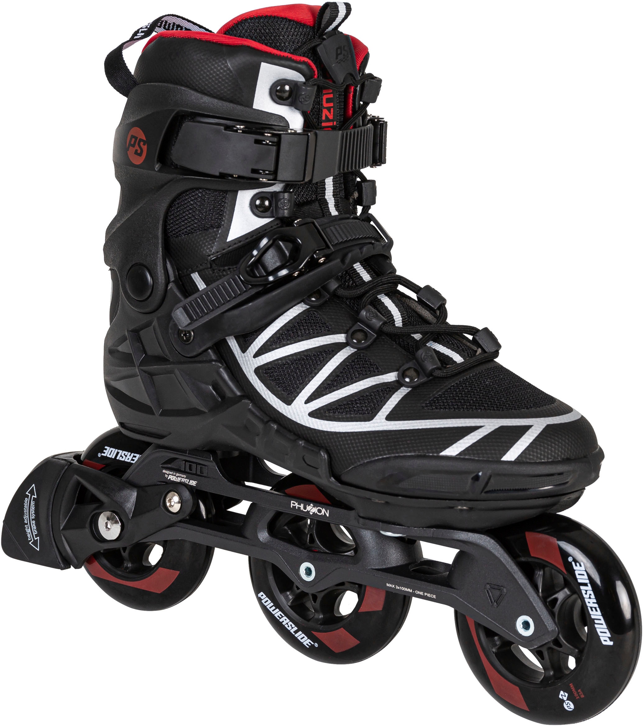 Inlineskates POWERSLIDE "Phuzion Argon Scarlet 100" Gr. 44, bunt (schwarz, silberfarben, rot), Inlineskates_Rollschuhe, Kinder, 44 (bis 100 kg), Kunstfaser