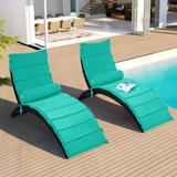 Black Wicker Sun Lounger, PE Rattan Foldable Chaise Lounger with Removable Turquoise Cushion and Bolster Pillow(2-Pack)