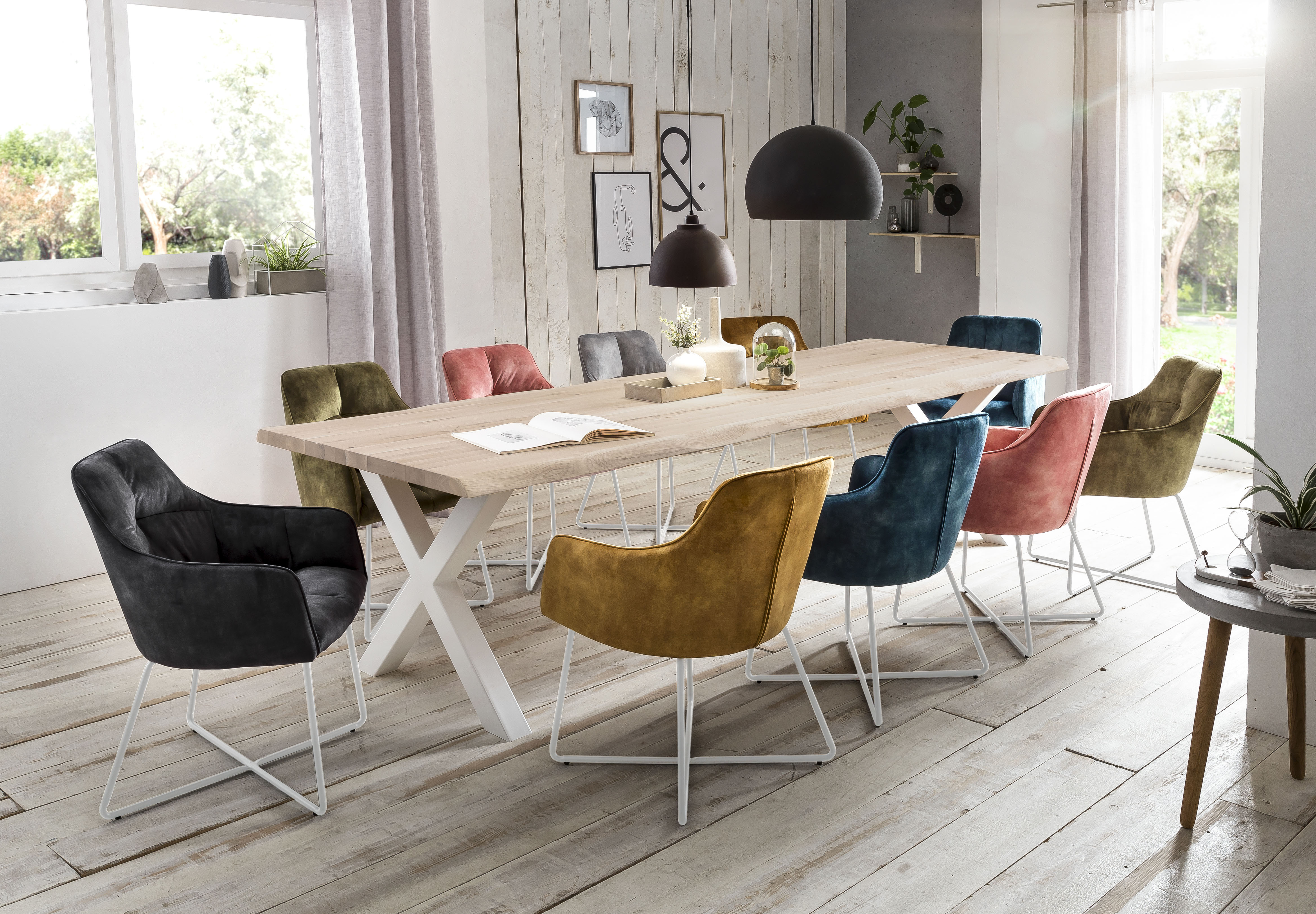 Esstisch HOME AFFAIRE "Tristan", weiß (weiß wash, weiß), B:260cm H:77cm T:100cm, Tische, Esstisch, massive Balkeneiche geölt mit Baumkante