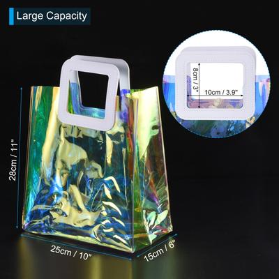 10Pcs Iridescent Gift Bags 11x10x6" Reusable Holographic Clear PVC Gift Tote Bag - 11x10x6 Inch