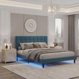 Queen Size Upholstered Platform Bed Linen Bed Frame with Lights Square Stitched Adjustable Headboard