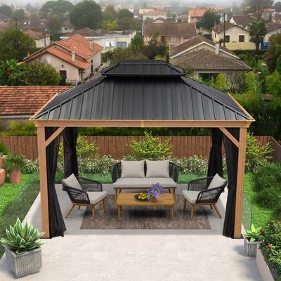 PURPLE LEAF Hardtop Gazebo Galvanized Steel Roof Gazebo Pergola w Wooden Coated Alumninum Frame and Mosquito Net