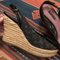 Louis Vuitton Shoes | Authentic Louis Vuitton Black Denim Monogram Wedge Bow Sandals Eu 38.5 | Color: Black | Size: 38.5eu