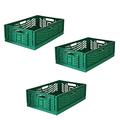 Roxform - 43L Multipurpose Folding Collapsible Storage Crate Bin (Pack of 3) - Durable Extra Strong and Foldable Plastic Stackable Box - Grated Wall Utility Basket - Green