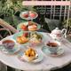 Afternoon Tea Coffee Cake Set with- 3 Tier Cake Stands 2 Cups 2 Saucers 4 Plates (Turquoise)