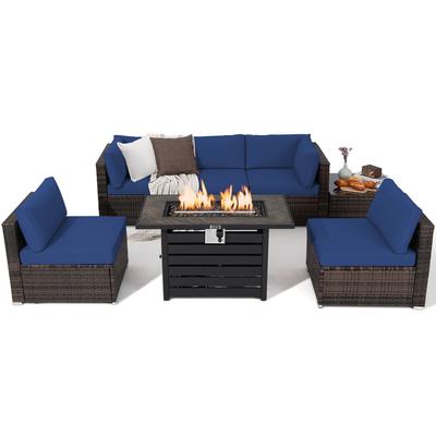 Gymax 7PCS Patio Rattan Furniture Set 42'' Fire Pit Table w/ Cover