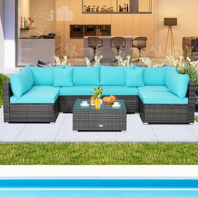 Costway 7PCS Patio Rattan Furniture Set Sectional Sofa Cushioned - 28.5" x 28.5" x 12.5"