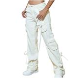 Mrat Womens Loose Pants Casual Full Length Pants Ladies Street Style Fashion Design Sense Multi Pocket Overalls Low Waist Sports Pants Pants For Female Trendy White M