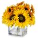 Enova Home Mixed Artificial Silk Sunflowers Fake Flowers Arrangement in Cube Glass Vase for Home Office Wedding Party Decoration