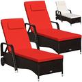 Gymax 2PCS Cushioned Outdoor Wicker Lounge Chair w/ Wheel Adjustable Backrest Red & Off White