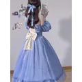 Robe de fée bleue Chic pour femmes Vintage manches bouffantes douce robe de princesse élégante