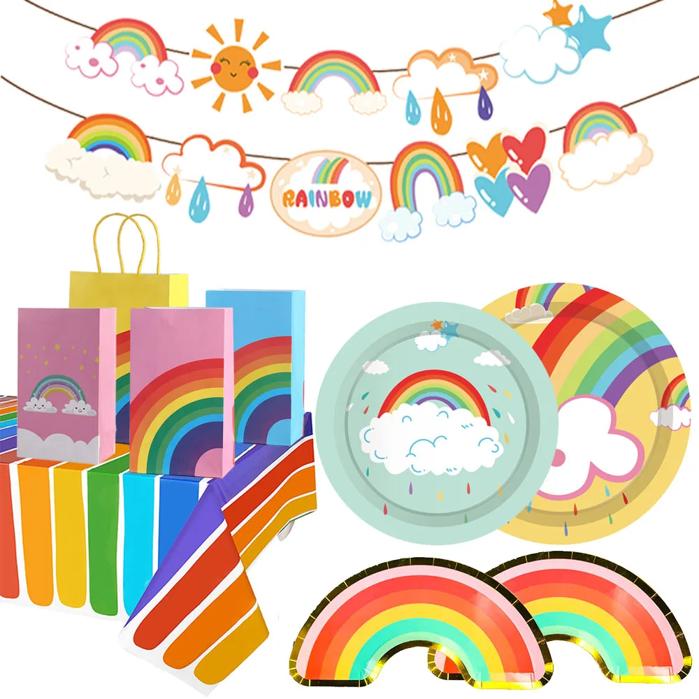 Vaisselle jetable pour fête d'anniversaire arc-en-ciel, assiettes en papier en forme d'arc-en-ciel, tasse, serviette, bannière joyeux anniversaire, décoration sur le thème arc-en-ciel