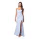 Jarlo London Damen Bluebell Bardot Maxikleid mit Schlitz am Oberschenkel und Knopf hinten Kleid, Powder Blue, 42