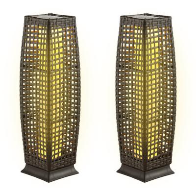 Costway 2 Pieces Solar-Powered Square Wicker Floor Lamps with Auto LED Light-Brown