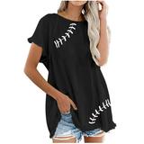 Wycnly Womens Tops Dressy Casual Summer Round Neck Baseball Striped Print Tees Baseball Striped Print Shirts Loose Soft Cotton Linen Fashion Tassel Pullover Blouses Black s Clearance Under $5