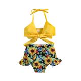 Qtinghua Toddler Baby Girl Swimsuit Sunflower Sling Halter Crop Tops Panties Bottoms Bathing Suit 2PCS Bikini Set Yellow 3-4 Years