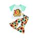 Qtinghua Toddler Baby Girls Summer Clothes Short Sleeve T-shirt Top Floral Flared Bell-Bottom Pants Outfits Yellow-Green 3-4 Years