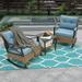 Sesslife 3 Piece Patio Bistro Set Wicker Rocking Sofa Chairs Set with Coffee Table and Blue Cushions Outdoor Sectional Conversation Furniture Set for Garden Backyard Deck Poolside