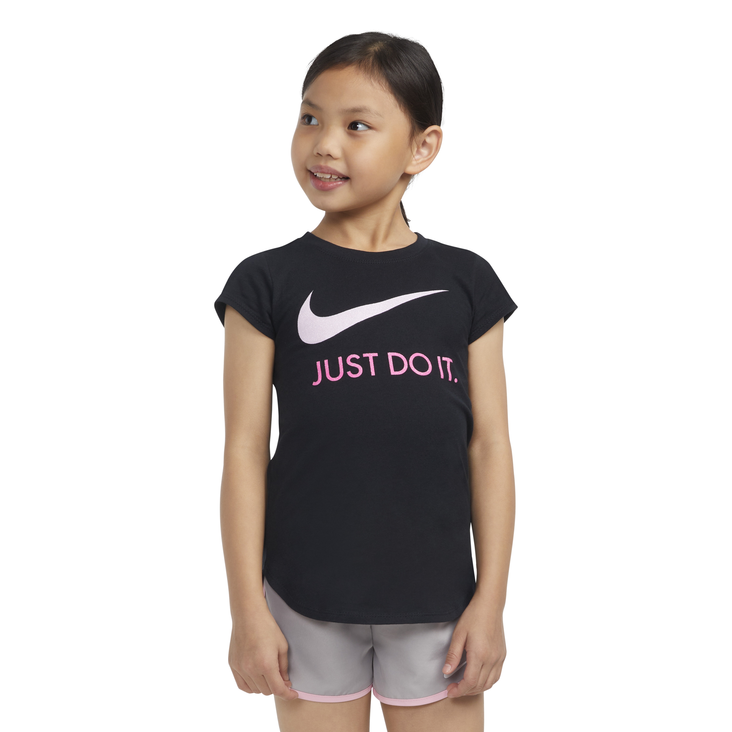 T-Shirt NIKE SPORTSWEAR "NKG SWOOSH JDI S/S TEE", Kinder, Gr. 5 (110), schwarz (schwarz, rosa), Obermaterial: 60% Baumwolle, 40% Polyester, Sportlich, Rundhals, Shirts, für Kinder Image