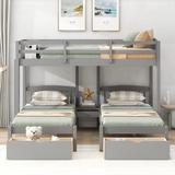 Triple Bunk Bed with Built-in Middle Drawer, Solid Wood Bedframe w/Storage for Kids Bedroom, Space Saving/No Box Spring Required