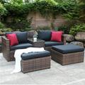 5 Pieces Outdoor Patio Sectional Sofa Set Rattan and Black Cushion with Weather Protecting Cover Patio Sofa Sets with 2 Rattan Chairs 2 Pieces Patio Rattan Ottomans and Coffee Table