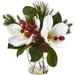 Nearly Natural Magnolia Pine and Berry Holiday Arrangement in Glass Vase White
