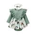 Qtinghua Infant Baby Girls Romper Jumpsuit Flower Print Lace Ruffle Bowknot Front Dress Bodysuit Headband Set Green 0-6 Months