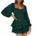 JWZUY Women s Sexy Sweetheart Neck Vintage Jumpsuit Lantern Long Sleeve Ruffle Layer Tie Mini Short Romper Green L